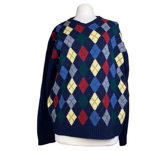 Vintage GAP Argyle V neck Sweater 100% Shetland Wool Navy Men’s LARGE 90s